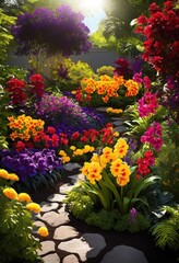 vibrant garden arrangement colorful plant layouts creating lush inviting outdoor space filled diverse flora, plants, flowers, greenery, landscape, botany