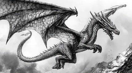 Obraz premium hand-drawn sketch of a detailed dragon in black and white