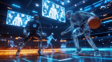 futuristic basketball game with robots players in neon-lit stadium