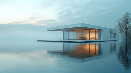 Modern house on water surrounded by misty landscape.