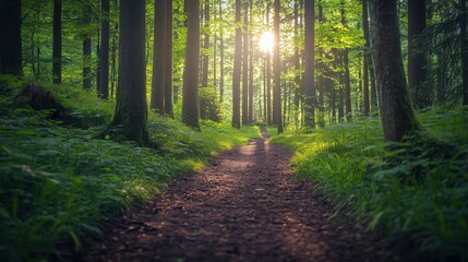 Obraz premium peaceful green forest path with sunlight filtering through trees