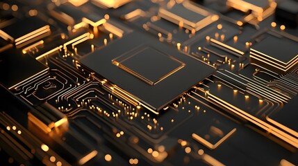 Layered quantum computer structure with gold and copper components, detailed wiring in a futuristic design, concept of advanced computing and innovation