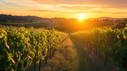 scenic vineyard landscape at sunrise with rows of grapevines under golden sunlight