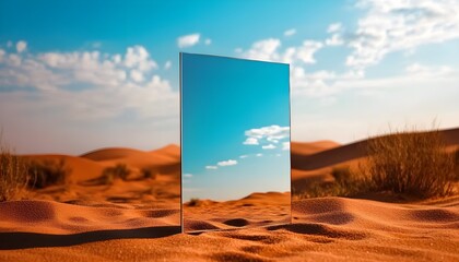 Mirror in the desert reflecting sand dunes and the sky, blending reality with illusion, surreal visual concept capturing the beauty and mystery of the landscape