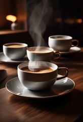 aesthetic steaming coffee cups displayed elegantly modern geometric table featuring warm tones subtle textures, design, interior, home, furniture, decor