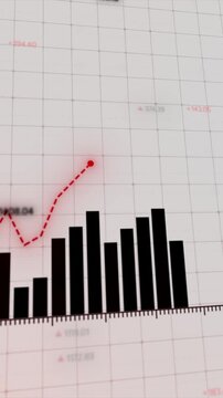 Digital animation of financial trends showcasing decreased profits, fluctuating market diagrams, bar graphs with negative growth indicators, cryptocurrency and trading analysis, Copy space.