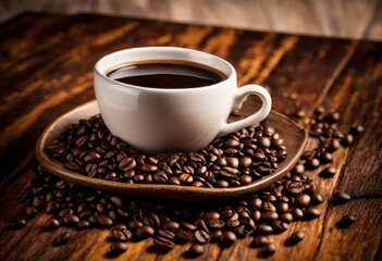 Fototapeta premium creative composition coffee cup spilled beans captured stylish arrangement highlighting warm textures freshness, artisan, aroma, aromatic, brown, brew, brewed