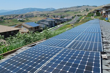 Several solar panels cover rooftops in a residential area. The landscape features distant mountains, showcasing a sustainable energy initiative on a clear day