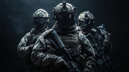 Naklejka premium Three armed soldiers in tactical gear, positioned for a mission in a dark environment.