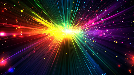 Fototapeta premium Abstract background with colorful rays of light and neon lines on a black background.