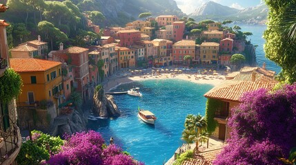 Naklejka premium Scenic coastal village with vibrant buildings and boats.