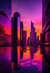 Obraz premium stunning cityscapes sunset brilliant vibrant hues capturing dramatic skyscapes urban silhouettes, architecture, buildings, skyline, evening, horizon, clouds