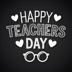 Obraz premium A cheerful Teachers' Day chalkboard background featuring glasses and hearts in a vibrant vector illustration.