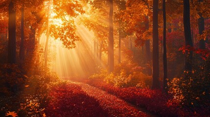 Serene autumn forest with sunlight rays.