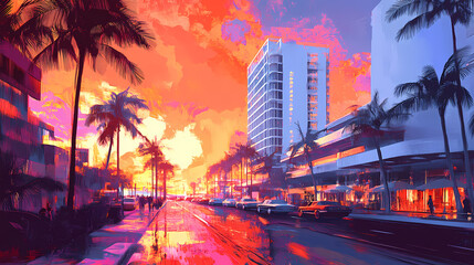 Fototapeta premium Illustrator art miami street. generative ai. Deco Art. Illustration