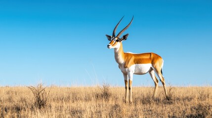 Fototapeta premium Majestic antelope standing on a grassland, surrounded by nature with clear blue skies, perfect for wildlife conservation themes.