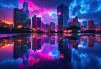 Fototapeta premium stunning cityscape reflections rain puddles dawn featuring vibrant lights colors, architecture, skyline, urban, buildings, ambiance, scene, horizon, depth