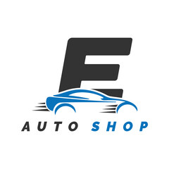 letter E logo auto mechanic with car style. Alphabet E automotive car design icon