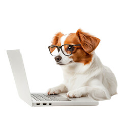 Adorable dog wearing glasses, working on a laptop. Perfect for themes of technology, pets, and productivity. isolated PNG transparent Background.