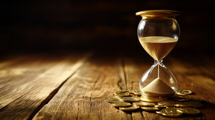 An embellished hourglass with golden sand and coins on a wooden table.