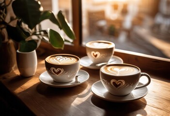 Fototapeta premium creative latte art designs displayed beautifully grained wooden table surrounded natural light warm ambiance, coffee, cream, foam, cup, espresso, beverage