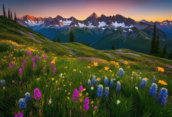 stunning panoramic vistas capturing majestic mountain ranges under clear blue skies green slopes sunrise glow, peak, summit, elevation, altitude, valley