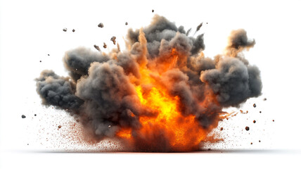 An explosion with lots of smoke and fire on a white background