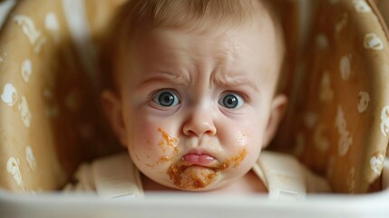 Close up portrait of funny baby in high chair with guilty messy face.generative ai