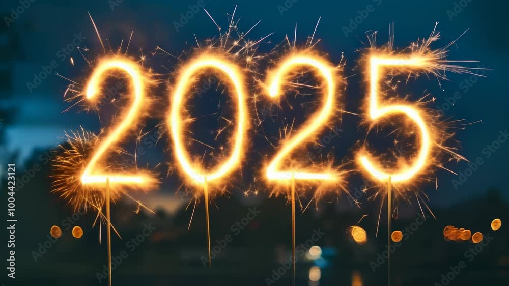 Poster creating a mesmerizing light painting with sparklers for new year's eve 2025, with festive bokeh in 