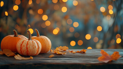 Autumn background with pumpkins on a wooden table.