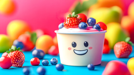 Delicious strawberry yogurt smiling surrounded by fresh fruits
