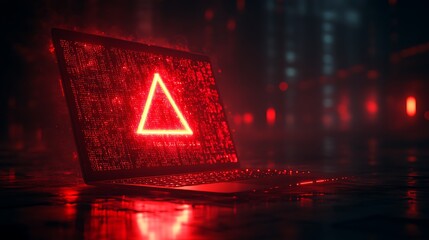 Laptop screen with red alert symbol, code in background