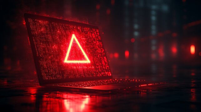 Laptop screen with red alert symbol, code in background