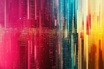 Colorful abstract digital visualization of sound waves and data streams flowing through a vibrant, futuristic landscape. Generative AI