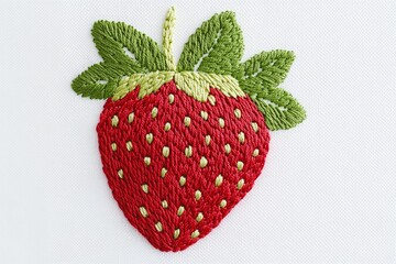 A beautifully detailed hand-embroidered strawberry with green seeds and leaves, stitched on white...