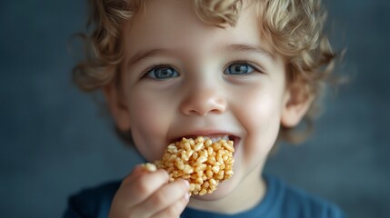 Naklejka premium Close up portrait of small excited caucasian boy four years old eating Crispy puffed rice cake healthy gluten free vegan or vegetarian food - front view studio shot healthy eating .generative ai