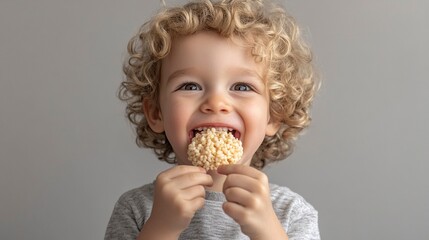 Close up portrait of small excited caucasian boy four years old eating Crispy puffed rice cake healthy gluten free vegan or vegetarian food - front view studio shot healthy eating .generative ai