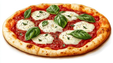  Pizza Margherita con salsa de tomate, queso mozzarella y hojas frescas de albahaca. La masa es dorada y crujiente, creando una experiencia auténtica de la cocina italiana.
