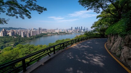 A vibrant summer day on a bike path lined with guardrails and green plants, showcasing an old wooden bridge where people stroll amidst urban scenery in China