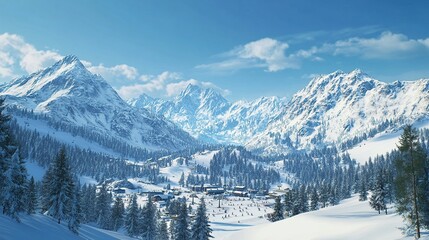 Snowy mountain landscape with a village below.