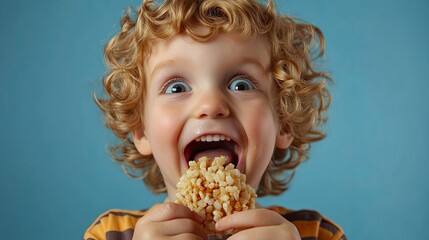 Naklejka premium Close up portrait of small excited caucasian boy four years old eating Crispy puffed rice cake healthy gluten free vegan or vegetarian food - front view studio shot healthy eating .generative ai