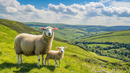 Fototapeta premium A mother sheep stands with her lamb in a lush green meadow with rolling hills under a bright blue sky in the countryside during spring