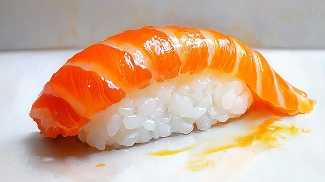 Una pieza de sushi nigiri con un delicado trozo de salmón fresco sobre una pequeña porción de arroz. La frescura y textura del salmón se combinan perfectamente con el arroz sazonado, ofreciendo un boc