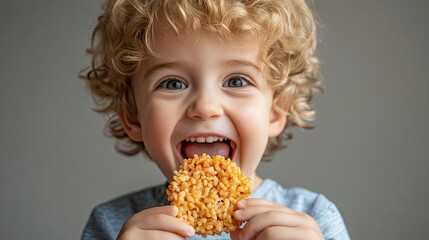 Close up portrait of small excited caucasian boy four years old eating Crispy puffed rice cake...