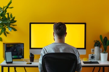 Fototapeta premium App mockup caucasian man in his 60s in front of a computer with a completely yellow screen