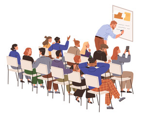 Group of students seated in rows attentively watching a teacher who is writing on a whiteboard. Students are diverse and some are taking notes or raising their hands. Ideal for education, seminars