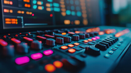 close up view of modern audio mixing console featuring vibrant buttons and sliders, showcasing sleek design and advanced technology. colorful lights create engaging atmosphere for sound production