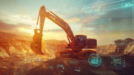Excavator with Futuristic Digital Interface in Quarry