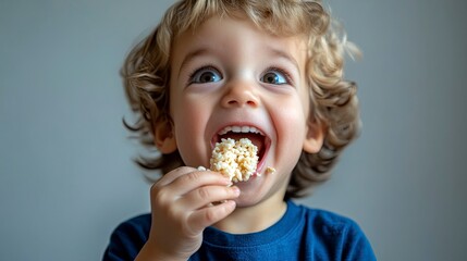 Naklejka premium Close up portrait of small excited caucasian boy four years old eating Crispy puffed rice cake healthy gluten free vegan or vegetarian food - front view studio shot healthy eating .generative ai