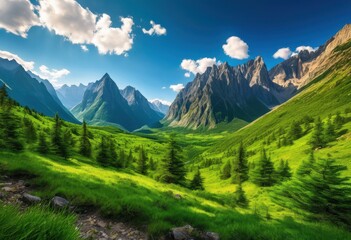 Naklejka premium breathtaking panoramic views showcasing majestic mountain ranges surrounded lush valleys clear blue skies perfect nature enthusiasts, peak, ridge, summit